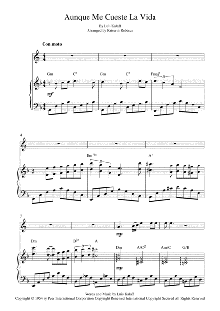 Aunque Me Cueste La Vida English Horn Solo And Piano Accompaniment Sheet Music