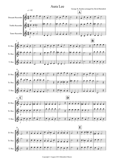 Aura Lee For Recorder Trio Sheet Music