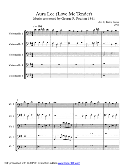 Aura Lee Love Me Tender For Cello Quintet Sheet Music