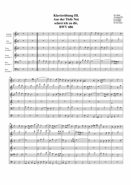 Aus Der Tiefe Not Schrei Ich Zu Dir From Klavieruebung Iii Bwv 686 Arrangement For 6 Recorders Sheet Music