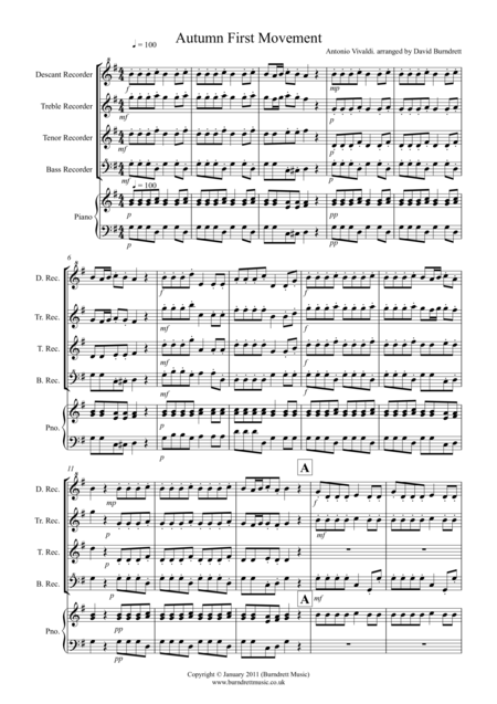 Autumn Four Seasons For Recorder Quartet Sheet Music