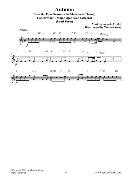 Autumn From Four Seasons Lead Sheet In C Sheet Music