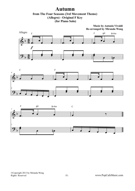 Free Sheet Music Autumn From The Four Seasons 3rd Movement Piano Solo