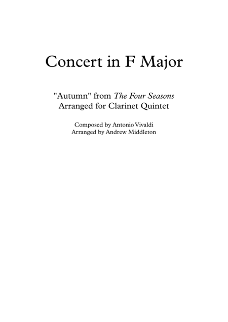 Autumn From The Four Seasons Arranged For Clarinet Quintet Sheet Music