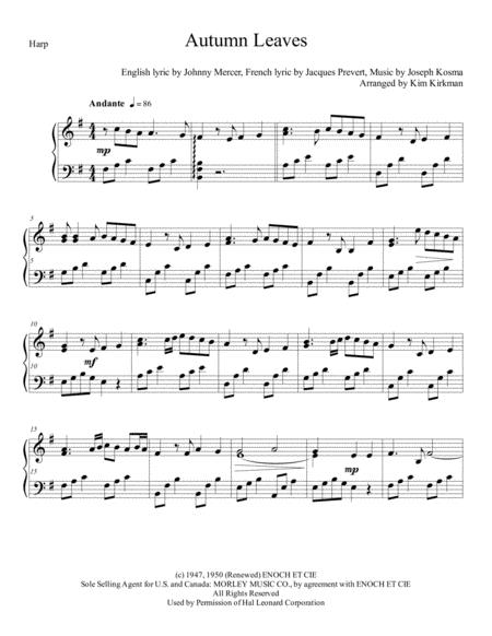 Autumn Leaves Arranged For Solo Harp In Singable Key Of E Minor Sheet Music