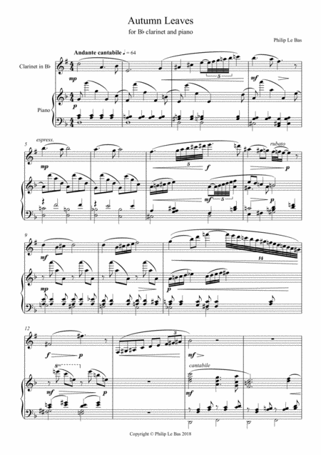 Free Sheet Music Autumn Leaves For B Flat Clarinet And Piano