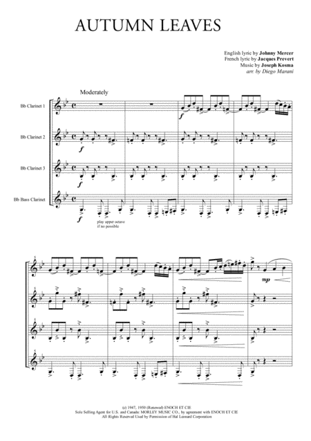 Autumn Leaves For Clarinet Quartet Sheet Music