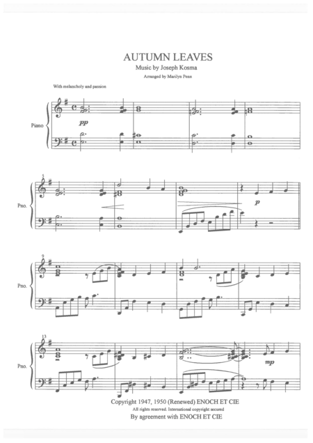 Autumn Leaves For Solo Piano Sheet Music