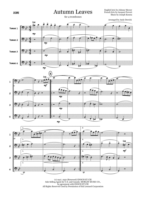 Autumn Leaves For Trombone Quartet Sheet Music