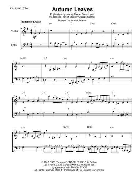 Autumn Leaves For Violin And Cello Duo Sheet Music