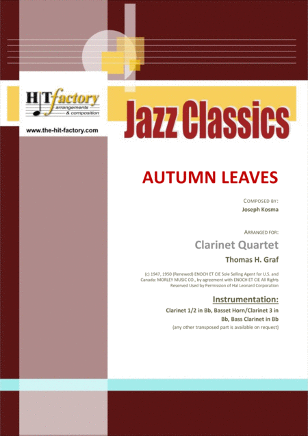 Free Sheet Music Autumn Leaves Jazz Classic Les Feuilles Mortes Clarinet Quartet