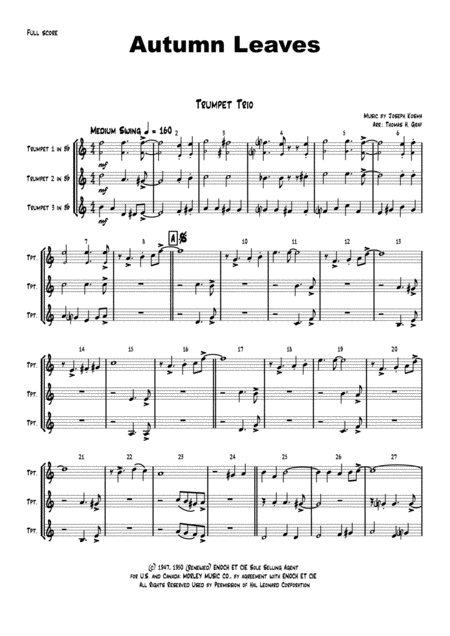 Free Sheet Music Autumn Leaves Jazz Classic Les Feuilles Mortes Trumpet Trio