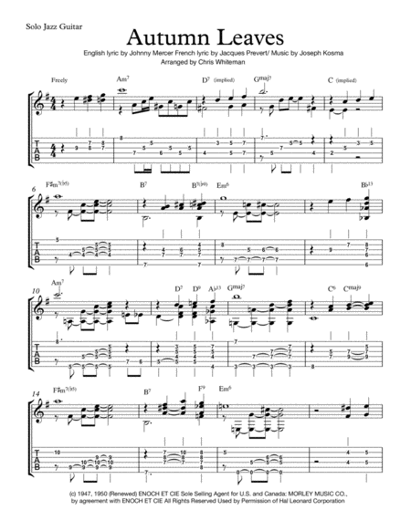 Autumn Leaves Jazz Guitar Chord Melody Sheet Music