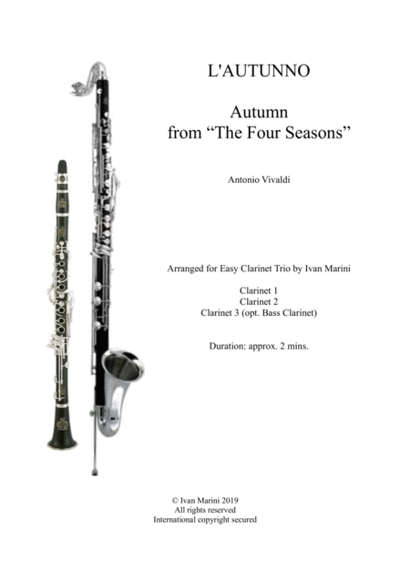 Autunno Autumn From The Four Seasons Antonio Vivaldi For Easy Clarinet Trio Opt Bass Sheet Music