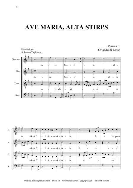 Ave Maria Alta Stirps Orlando Di Lasso For Satb Choir Sheet Music