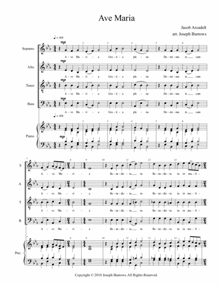 Free Sheet Music Ave Maria By Jacob Arcadelt Satb And Piano