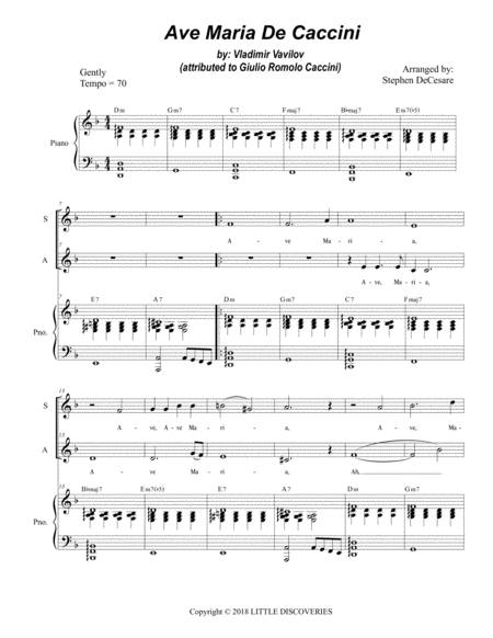 Free Sheet Music Ave Maria De Caccini For 2 Part Choir Sa Medium Low Key