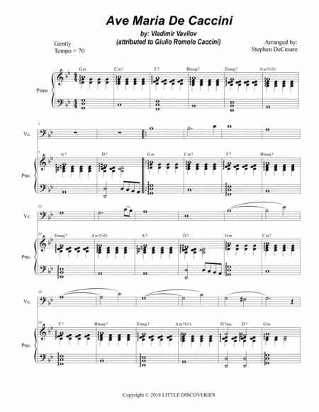 Ave Maria De Caccini For Cello Solo And Piano Sheet Music