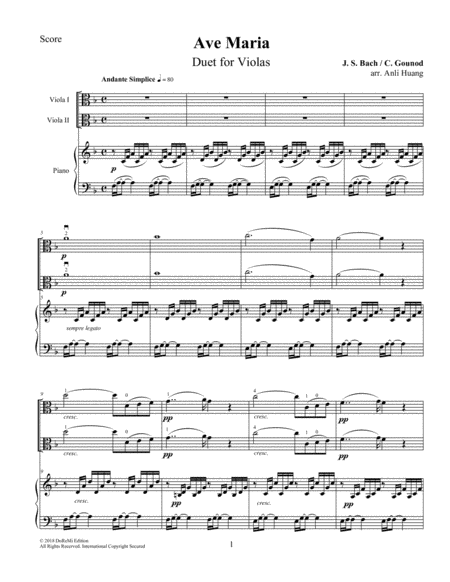 Ave Maria Duet For Violas Piano Score Sheet Music