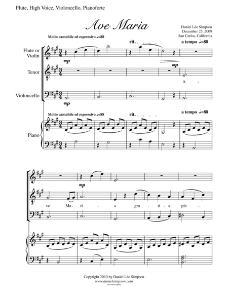 Free Sheet Music Ave Maria For Flute Or Violin High Voice Cello Piano
