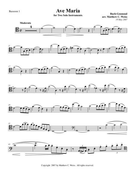 Ave Maria For Two Solo Instruments Bassoon 1 Sheet Music