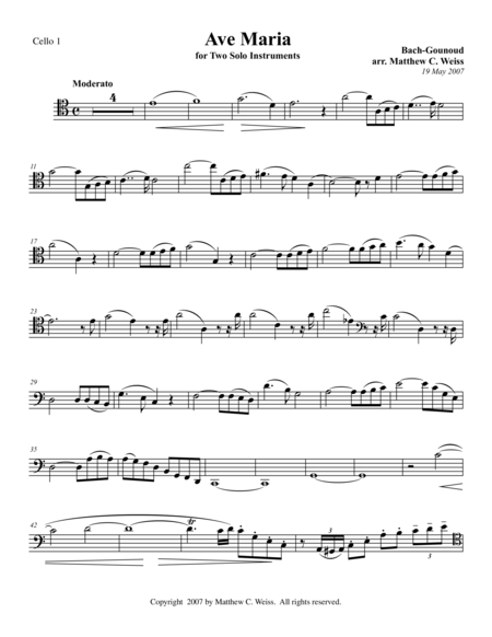 Free Sheet Music Ave Maria For Two Solo Instruments Cello 1