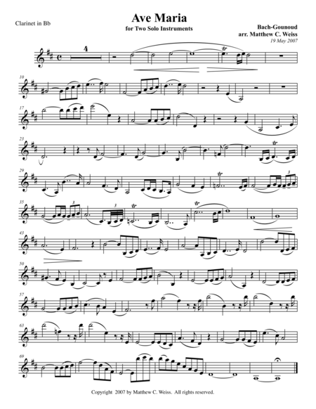 Free Sheet Music Ave Maria For Two Solo Instruments Clarinet In Bb