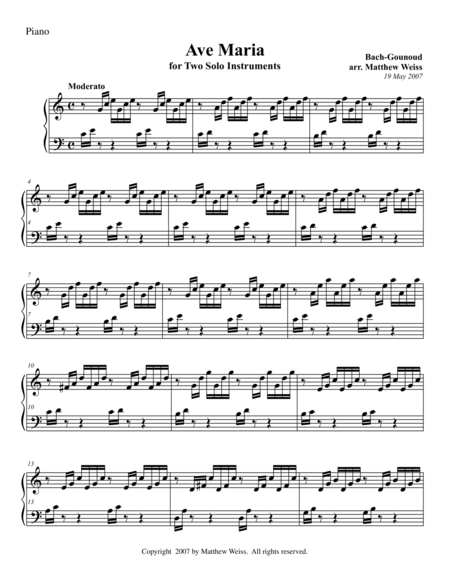 Free Sheet Music Ave Maria For Two Solo Instruments Piano Only