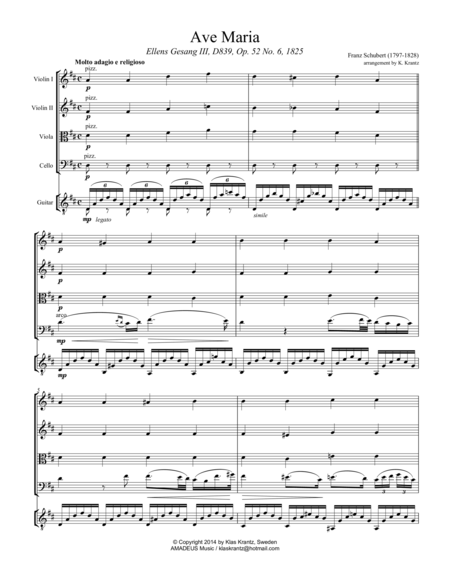 Ave Maria Schubert By For String Quartet And Guitar D Major Sheet Music