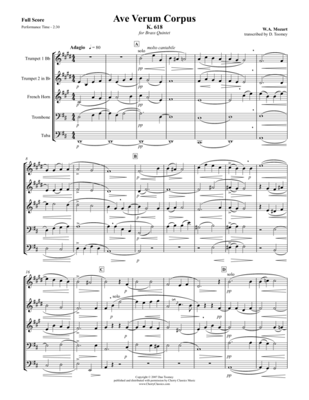 Ave Verum Corpus For Brass Quintet Sheet Music