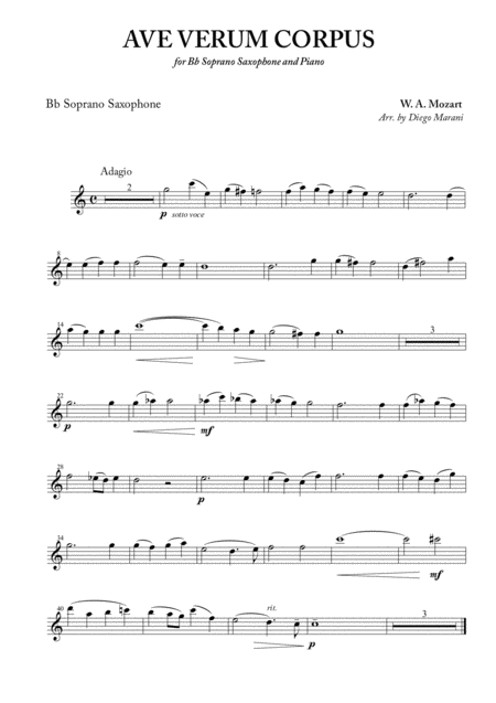 Ave Verum Corpus For Soprano Saxophone And Piano Sheet Music