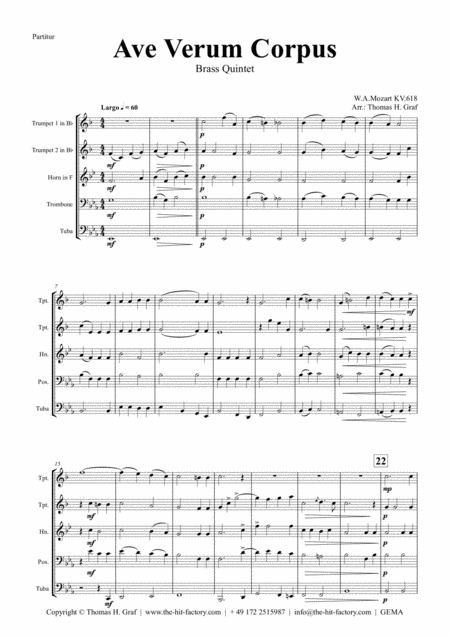 Ave Verum Corpus Mozart Brass Quintet Sheet Music