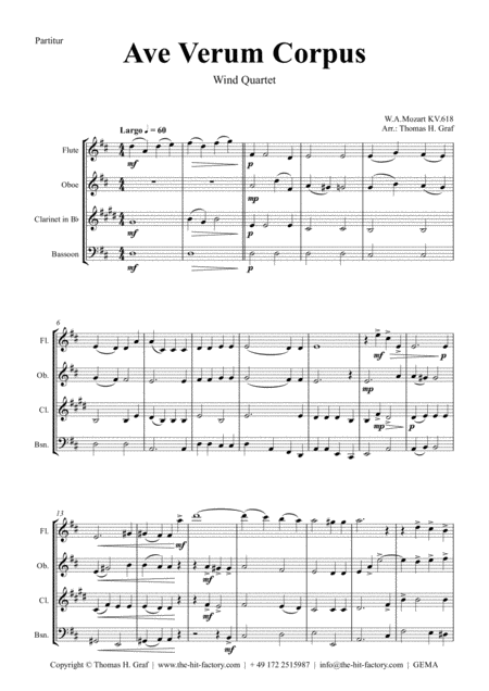 Ave Verum Corpus W A Mozart Wind Quartet Sheet Music