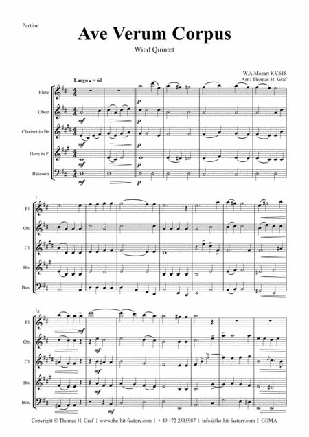 Ave Verum Corpus W A Mozart Wind Quintet Sheet Music