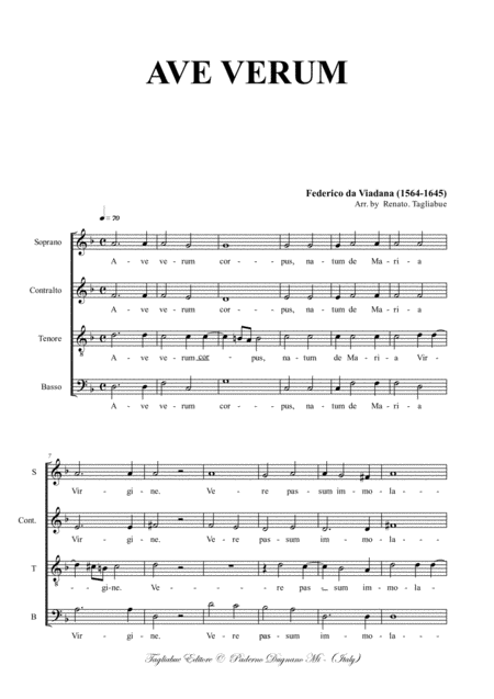 Free Sheet Music Ave Verum Da Viadana For Satb Choir