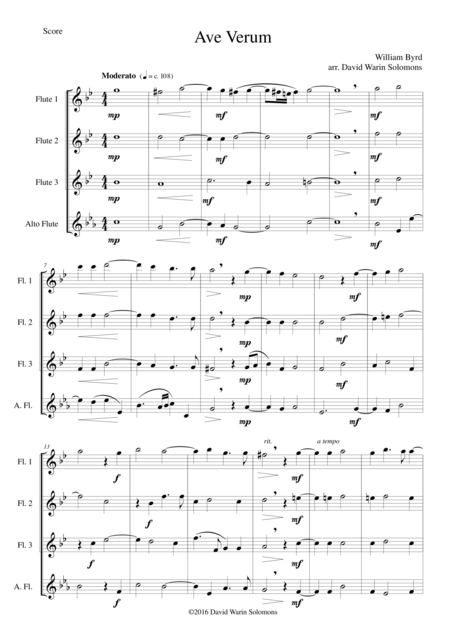 Free Sheet Music Ave Verum For 3 Flutes And Alto Flute