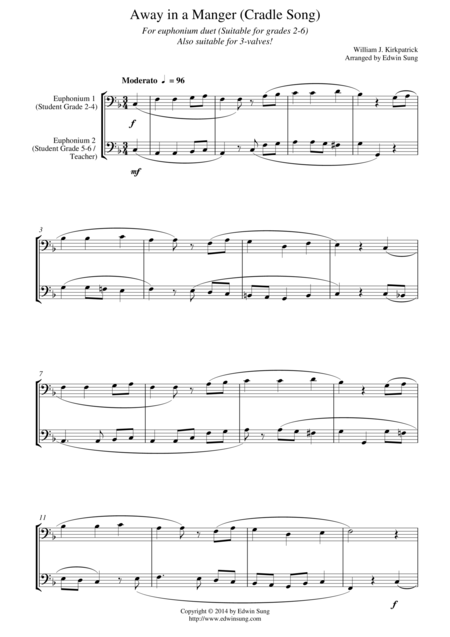 Away In A Manger Cradle Song For Euphonium Duet Bass Clef 3 Or 4 Valved Suitable For Grades 2 6 Sheet Music