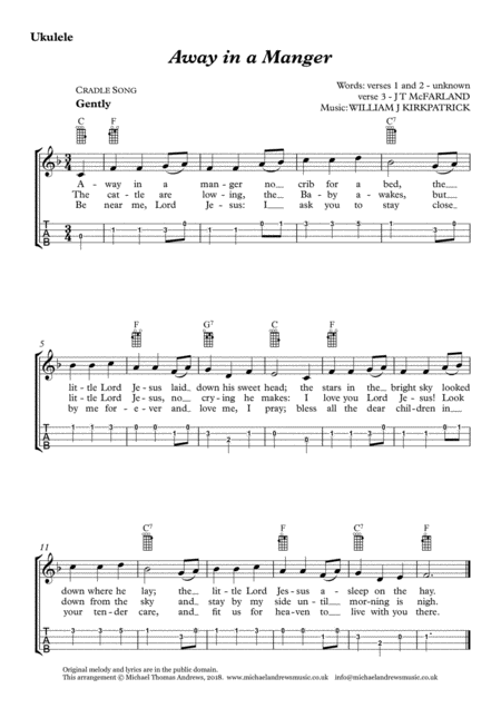 Free Sheet Music Away In A Manger Cradle Song For Ukulele With Tab