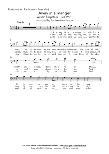 Free Sheet Music Away In A Manger Easy Trombone Or Euphonium Bass Clef Easy Piano