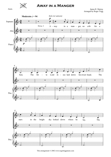 Free Sheet Music Away In A Manger For 1 Part Or 2 Part Choir