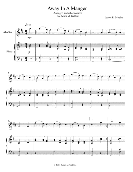 Away In A Manger For Alto Sax Piano Sheet Music