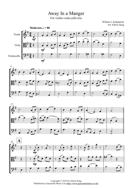 Away In A Manger For String Trio Violin Viola Cello Incl Part Scores Sheet Music