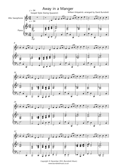 Free Sheet Music Away In A Manger Gospel Style For Alto Saxophone And Piano