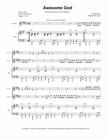 Awesome God Duet For Soprano And Alto Saxophone Sheet Music