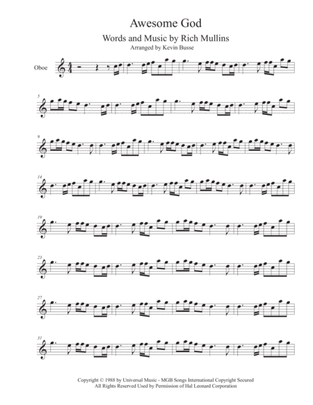 Awesome God Easy Key Of C Oboe Sheet Music