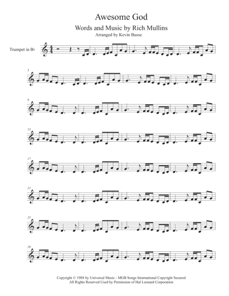 Awesome God Easy Key Of C Trumpet Sheet Music