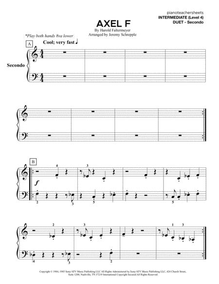 Free Sheet Music Axel F Duet Late Intermediate Level 4