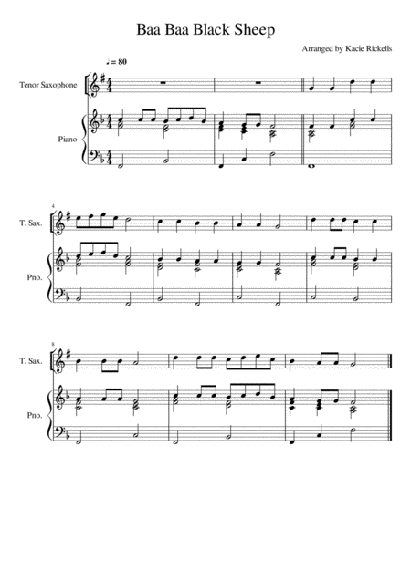 Baa Baa Black Sheep Tenor Saxophone Sheet Music