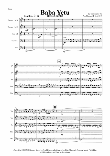 Baba Yetu From Civilization Iv Brass Quintet Sheet Music