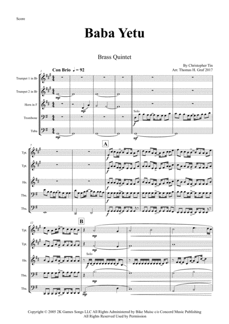 Baba Yetu From Video Game Civilization Iv Orig Key Brass Quintet Sheet Music